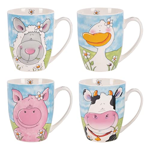 YöL Set Of 4 Mugs Farm Animals Porcelain Mug Coffee Tea Cup Multicolour 11oz Pink Blue Home Kitchen