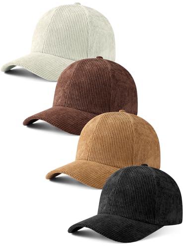 Vicenpal 4 Pcs Unisex Corduroy Baseball Cap Trucker Cap Corduroy Hat with Adjustable Straps for Outdoor Travel