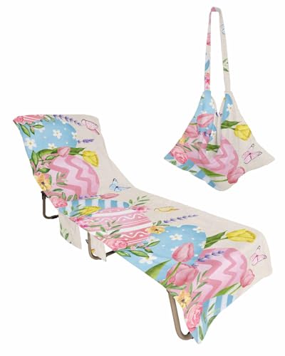 Spring Tulip Beach Chair Towel Covers for Chaise Lounge with Side Pocket, Soft Plush Pool Towels Cover for Patio Sunbathing Outdoor 29''x85'' Easter Eggs Flower Leaves Woodgrain