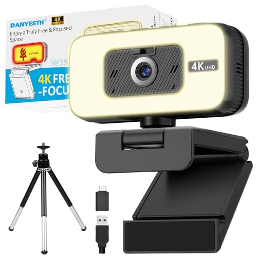 Danyesth 4K Webcam with Light for PC & Laptop & Mac, Computer Camera with AI PDAF AutoFocus, Four Physical Controls Buttons, Adjustable Webcam Light, Privacy Cover for Remote Work