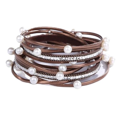 Bracelet en cuir dames marron perles et zircons, le cadeau vintage idéal