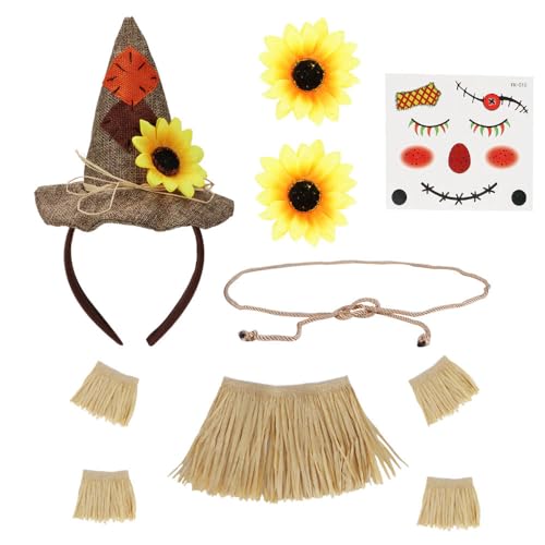 Lunaryvo Mini Scarecrow Hat Headband for Adults, with Faux Straw Kit Face Decals Halloween Harvest Costume,10pcs (Light Brown)