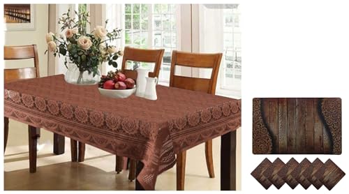 Image of Kuber Industries Circle Design Cotton Round 6 Seater Dining Table Cover (Brown, Ctktc32649) Wooden Design PVC 6 Piece Dining Table Placemat Set with Tea Coasters (Brown)-Ctktc032180