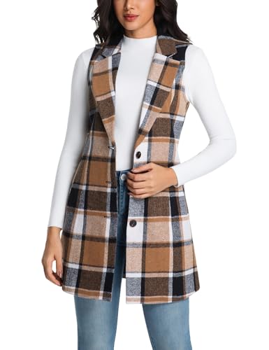 IDEALSANXUN Womens Long Wool Plaid Vest Fall Winter Sleeveless Blazer Jackets Trench Coat
