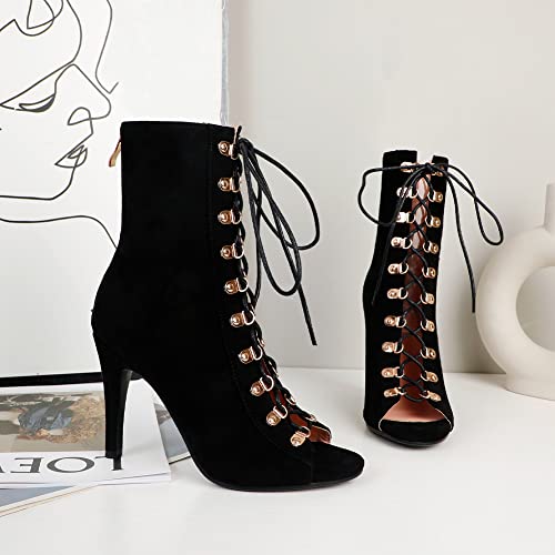 TINRYMX Women Open Toe Dance Boots Lace Up High Heel Boots Ankle Booties Latin Dance Shoes, Model-DSB954