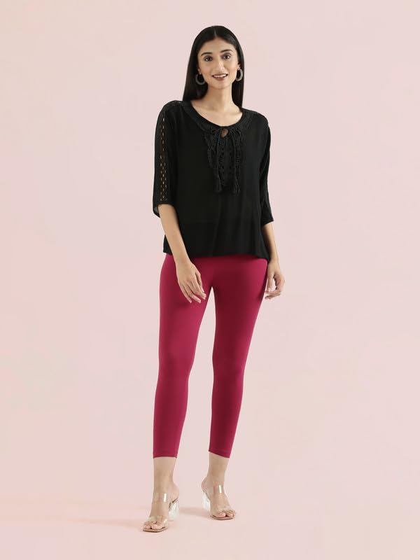Image of GO COLORS Soft Cotton Stretch Cropped Leggings for Women | Breathable, Mid Rise, Dark Fuchsia