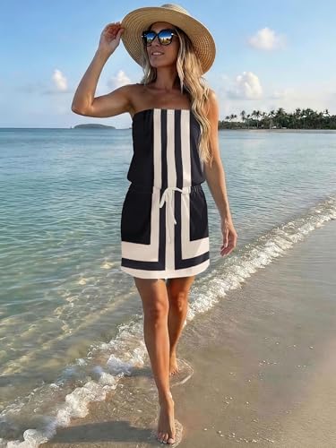 Image of Summer Dress for Women Strapless Beach Cover Ups Boho Sundress Mini Dress Drawstring Waist with Pockets