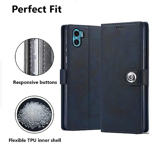 Image of SHINESTAR Ultimate Leather Finish Flip Back Cover for Motorola Moto E32 | Inside TPU & Inbuilt Stand | Wallet Style Motorola Moto E32 Back Cover Case | Stylish Button Magnetic Closure - Blue
