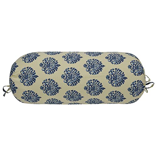 Image of Trance Home Linen Premium 16x32 Inches 100% Cotton Bolster Covers with Tie Knot | Anti-Pill 200 Tc Thread Count | Dewan Bed Round Pillow Cover (Damask Blue - Pack of 2)