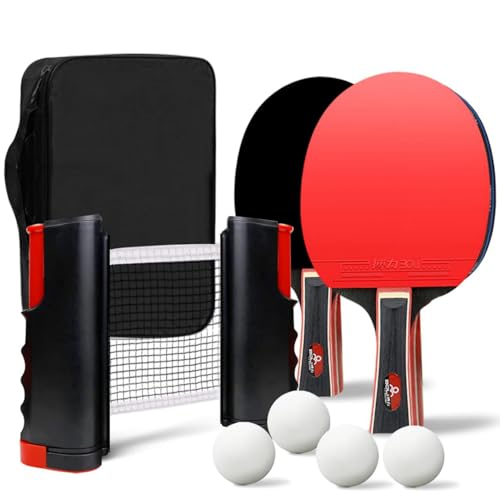 Table Tennis Paddle Set with Retractable Ping Pong Net 2 Professional Table Tennis Rackets 4 Balls Storage Case Ideal Indoor and Outdoor Table Tennis Rackets Set Family Fun Gift