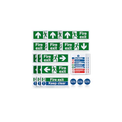 21pcs Premium Fire Exit Sign Kit (Right Left Up Down Arrow) - Fire Action Notice Sign Keep Clear Door Keep Shut Self Adhesive Vinyl Sticker EN ISO 7010 Compliant