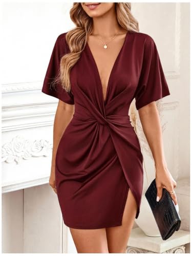 Image of Floerns Women's Deep V Neck Twisted Plunging High Slit Mini Party Dress