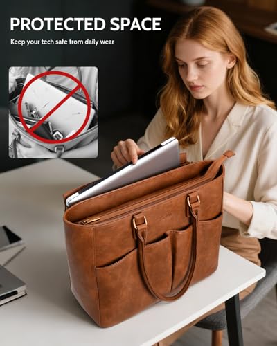 Image of Laptop Tote Bag for Women, Leather Work Tote with Padded Laptop Compartment, Cup Holder, Office Computer Briefcase