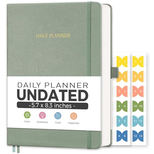 LOAPEM Daily Planner Undated Appointment Book for Hourly Daily and Monthly 365 Days One Page a Day Medium Size (5.7 x 8.3) Leather Hardcover 12 Self-adhesive Monthly Tabs (Light Green)