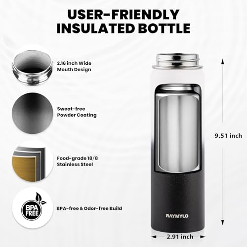 Image of RAYMYLO Insulated Water Bottle 20 oz, Triple Wall Vacuum Stainless Steel (Cold for 24Hrs, Hot for 12Hrs), Leak Proof & Non-BPA, Modern Water Bottle Jug for School with Straw Spout Lids
