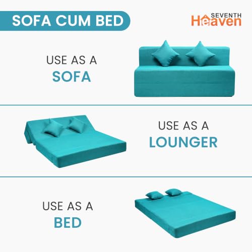 Image of Seventh Heaven Rejioce 3 Seater 5 * 6 Jute Fabric Washable Cover Sofa Cum Bed with 2 Cushions 3 Seater Double Foam Fold Out Sofa Cum Bed (Finish Color - Blue Delivery Condition - Pre-Assembled)