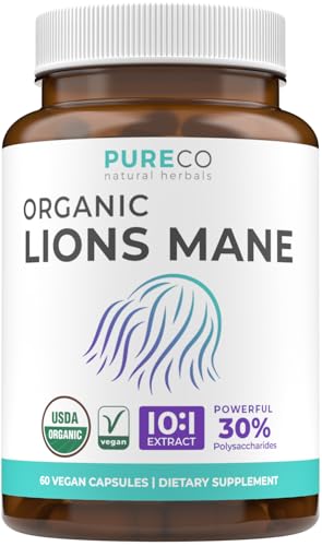 Organic Lions Mane Supplement Capsules - USDA Organic Mushroom Supplement Capsules with 1000mg Lion's Mane 10:1 Extract per Serving with 30% Polysaccharides - Vegan & Non-GMO (1 Month Supply)