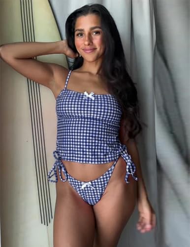 seamoly Women's Tankini Sets Sexy Open Back Two Piece Swimsuit High Cut Side Tie Thong Bathing Suit Floral Gingham Bikini4