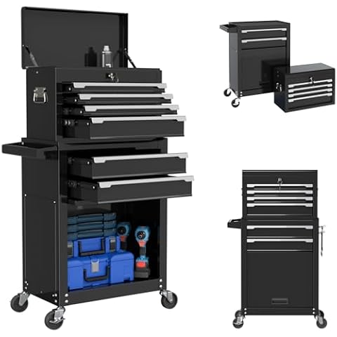 DUSACOM 6 Drawer High Capacity Rolling Tool Chest, Craftmen Tool Box with Lockable Drawers and Wheels, 2 in 1 Portable Toolbox Storage Cabinet Organizer for Garage, Warehouse, Workshop, Black Cover