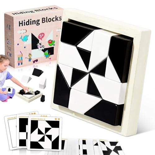 Image of 3D Puzzle Hidden Building Blocks, Jigsaw Puzzles for Adults, Wooden Brain Teaser Games, Black & White Geometric Blocks for Kids Ages 3+