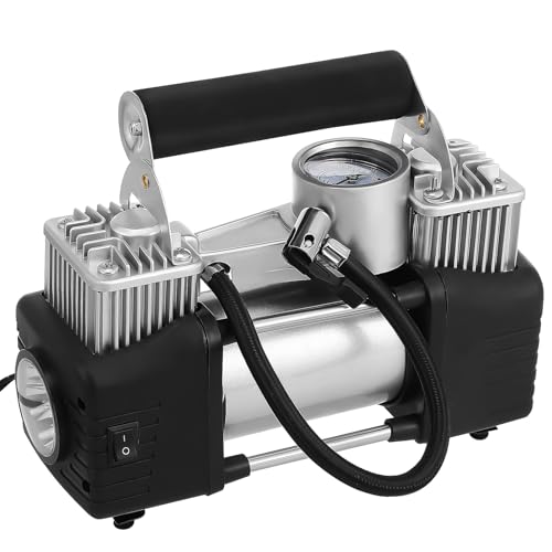 HOODANCOS ポータブルヤエアコンプレッサー 属製高耐久 指針付きライト搭載 クイックインフレーション 車載電動空気入れ 多機能カーアクセサ