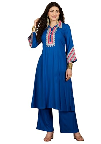 Image of Stylum Women's Solid & Embroidered Rayon A-Line Kurta Pant Set