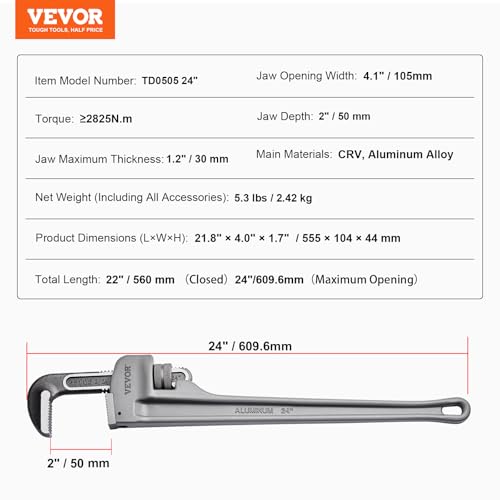 Vevor 24 INCH PIPE WRENCH Wrench, 24 Inch Aluminum Straight Pipe Wrench thumb #6