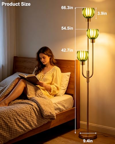 Image of 3-Lights Modern Glass Floor Lamp Gold Dimmable Floor Lamps with 3000K Warm White Bulbs for Wedding Party 66IN Tall Standing Lamp with Green Glass Shade for Living Room /Bedroom /Girls Room