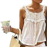 Women Summer Boho Lace Tank Top Vest Tie Front Vacation Beach Cami Tops Sleeveless Button down Cardigan Crop Top (White #B, S)