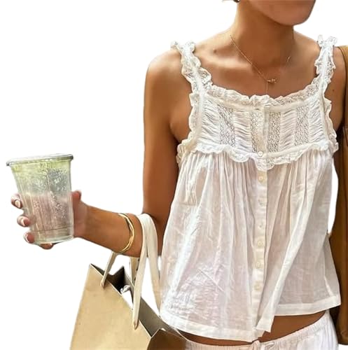 Women Summer Boho Lace Tank Top Vest Tie Front Vacation Beach Cami Tops Sleeveless Button Down Cardigan Crop Top