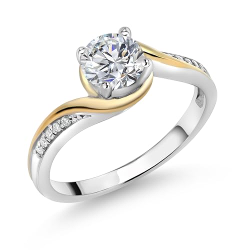 Gem Stone King 925 Silver and 10K Yellow Gold Lab Grown Diamond and White Moissanite Engagement Ring For Women | 0.79 Cttw | 6MM Center Lab Grown Diamond | DEF Color | VVS-VS Clarity