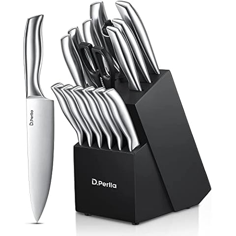 D.Perlla Knife Set, 16 Pieces High Grade Stainless Steel Kitchen Knife Set with Wooden Block, Sharp and No Rust Kitchen Knife Set with Knives, Steak Knives, Scissors, Sharpener Cover