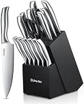 D.Perlla Knife Set, 16 Pieces High Grade Stainless Steel Kitchen Knives Set with Wooden Block, Sharp and No Rust Kitchen Knife Set with Knives, Steak Knives, Scissors, Sharpener