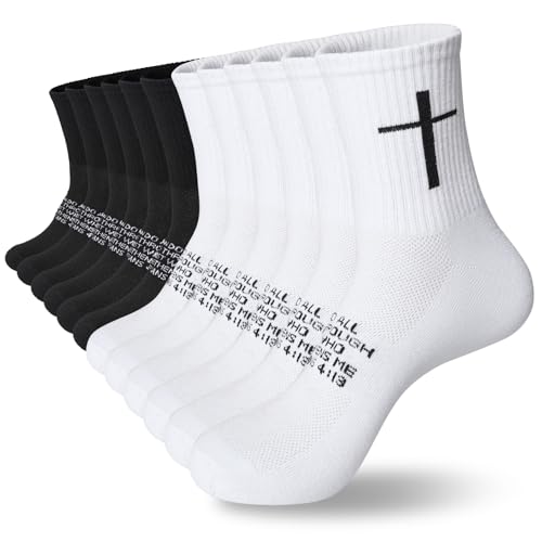HOERCKC 6 Pairs Christian Cross Socks Prayer Stockings with Bible Verse for Church & Daily Wear Christian Gift for Christmas Easter Philippians 4:13 - Black/White