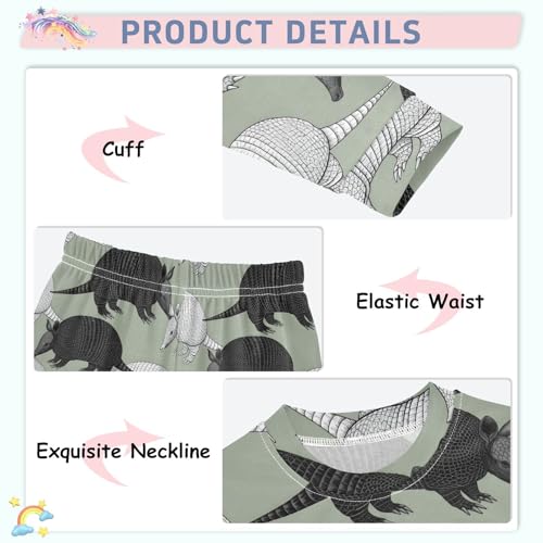 Pajama Sets Long Sleeve Armadillo Pattern on Green Background Soft Comfy Sleepwear 2 Piece PJS 3-8T4