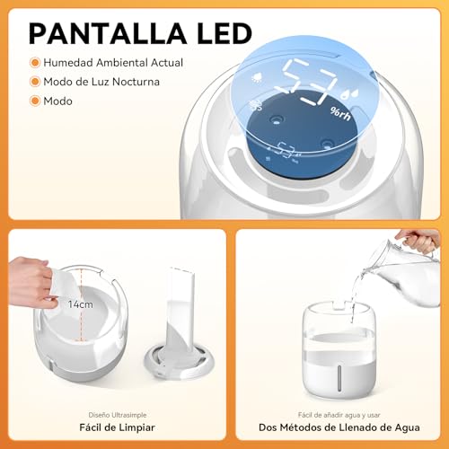 Miniatura 3 de 3.8l Humidificador, Top-Fill Humidificador De Aire, Humidificador Bebes Mocos Y Tos, 36db Silencioso, 30h Autonomía, Luz Nocturna Suave, Apagado Automático, Free Para Bebés Y Plantas