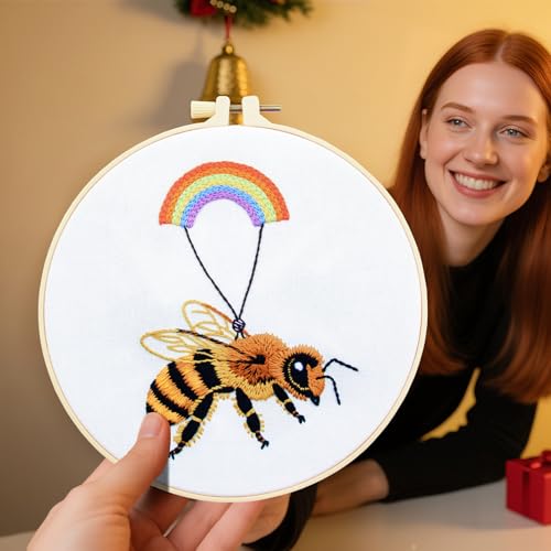 Image of Crafmanoe Cute Bees Embroidery Kits for Beginners Adults, Hand Embroidery Starters Kits, Stamped Cross Stitch Kits DIY Needlepoint Kits for Beginners Adults, Embroidery Hoop, Thread and Video Tutorial