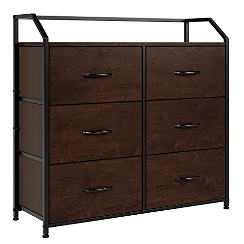 HOMECHO Fabric Dresser with 6 Drawers, Wide Chest of Drawers with Wood Top, Sturdy Metal Frame, Furniture Storage Tower for Bedroom, Closets, Hallway, Entryway, Cherry