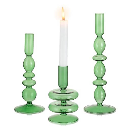 Glasseam Kerzenständer Stabkerzen, Grün Kerzenhalter Stabkerze, 3er Set Stabkerzenhalter, Chic Kerzenständer Glas für Haus Tisch, Kerzen Ständer Kerzenhalter Weihnachten für Wohnzimmer Esstisch Deko