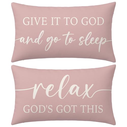 HERHOME Dusty Rose Pink Throw Pillow Covers 12x20 Inch Set of 2 – Christian Gifts for Mom or Daughter – Relax God’s Got This/Give It to God and...