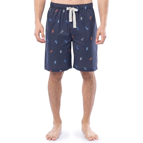 IZOD Men's Printed Poplin Relaxed Fit Drawstring Sleep Shorts, Navy/Anchors, Small