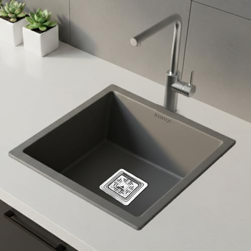 Image of BASINQU Quartz Sink for Kitchen | 18x16x9 Inches Grey Single Bowl Kitchen Sink | Granite UV Protected, Granite Scratch Resistant, Undermount /Topmount