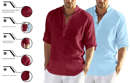 Image of FINIVO FASHION Men's Cotton Blend Solid Full Sleeve Combo Short Kurta Shirt, Regular Fit Solid Pattern Mandarin Collar Straight Kurta Shirt