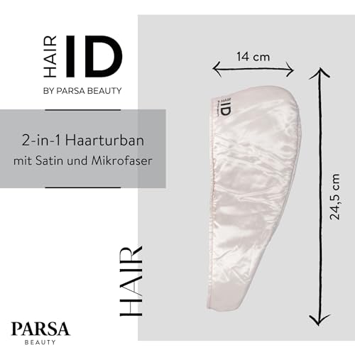 PARSA Beauty Hair ID 2-in-1 Haarturban Damen Mikrofaser & Satin – Anti-Frizz Haarhandtuch zum Haare Trocknen – schnelltrocknend & schonend für lange Haare – Turban Handtuch mit Knöpfen