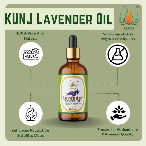 Image of KUNJ Lavender Essential Oil 100ml - 100% Pure & Natural Steam Distilled Oil for Sleep Support, Stress Relief, Relaxation, Aromatherapy, Diffuser & Skin Care