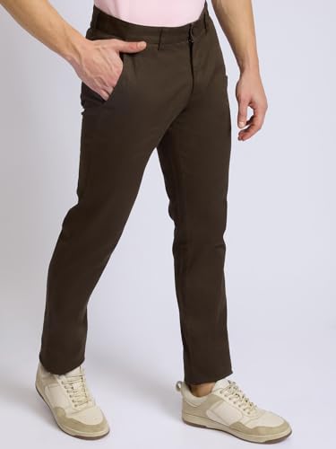 Image of Parx Men Low Rise Tapered Fit Solid Pattern Cotton Blend Flat Front Casual Trouser