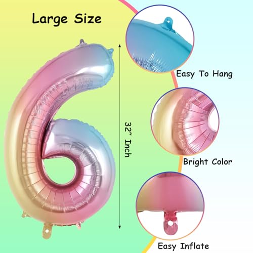 Image of Rozi Decoration Large 32 Inch Rainbow Number 6 Foil Balloon - Gradient Metallic Birthday Decoration Balloon | Easy Inflate & Hang | Perfect for Kids & Adults Celebration Decor