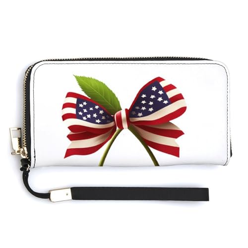 Red Cherries with An American Flag Bow PU Leather Clutch Long Bifold Wallet, Coin Purse Credit Pass Case, Durable Card-Holder Money Storage for Women Men