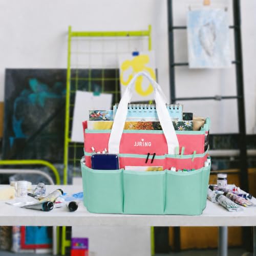 Image of JJRING Craft Organizer Tote Bag Large Art Storage Caddy Green and Orange | With Multiple Pockets For Sewing, Scrapbooking, School, Medical, And Office Supplies