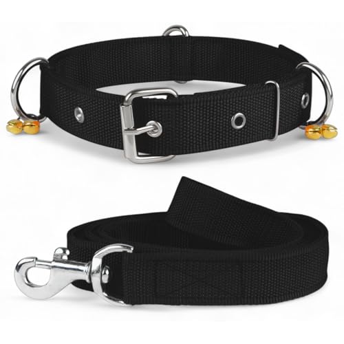 Image of Dog Collar Belt and Leash Set for Large Dogs, Dog Stylish Nylon Leash Belts with Bell - Labrador, Golden Retriever, Pitbull, German Shepherd, Husky, Doberman (Large, Black)